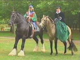 Fjn bferes und ein etwas kleines Pferd mit Reiterin im Kleid Damenstattel