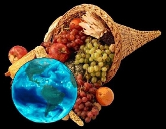 Allerlei gemalte Frchte, darunter die Erde als blauer Planet fotografiert, aus Sprachfllhornzeichnung 'fallend'